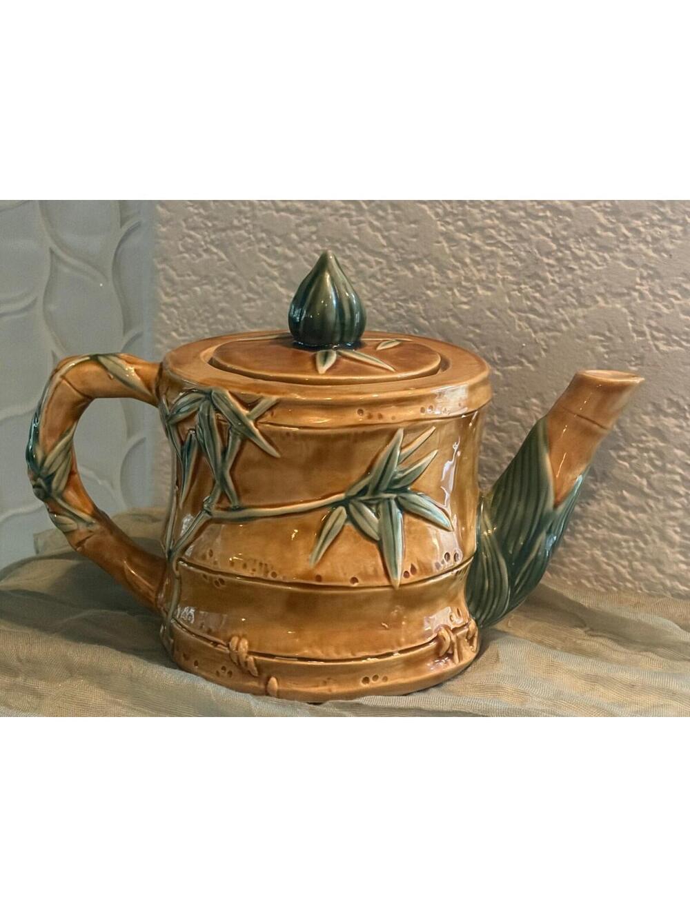 Vintage Majolica Bamboo Teapot with lid  brown with green leaves